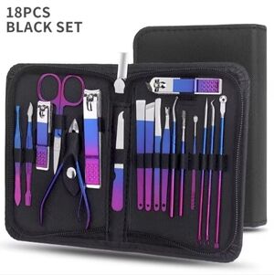 Womens Unisex 18-Piece Black and Purple Manicure Set With Durable Case